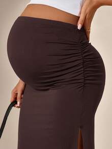 SHEIN 可调节腰部合身孕妇裙，侧开衩 - 棕色 - 查看 5