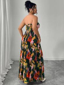 Elenzga Plus Size Women's Elegant Romantic Digital Print Strapless Waist A-Line Dress, Summer Vacation