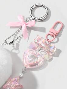 ROMWE Kawaii 3pcs Cute Fluffy Pink Plush Donut, Swirl, Resin Acrylic Butterfly, Heart, Star + 80cm White Lace Headband Combo Set, Keychain Bag Charm, Suitable For Women/Girls Daily Wear, Holiday Gift - Pink - View 7