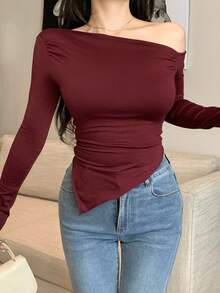 DAZY 女士休闲纯色不对称下摆长袖 T 恤，返校服 - 酒紅色 - 查看 6