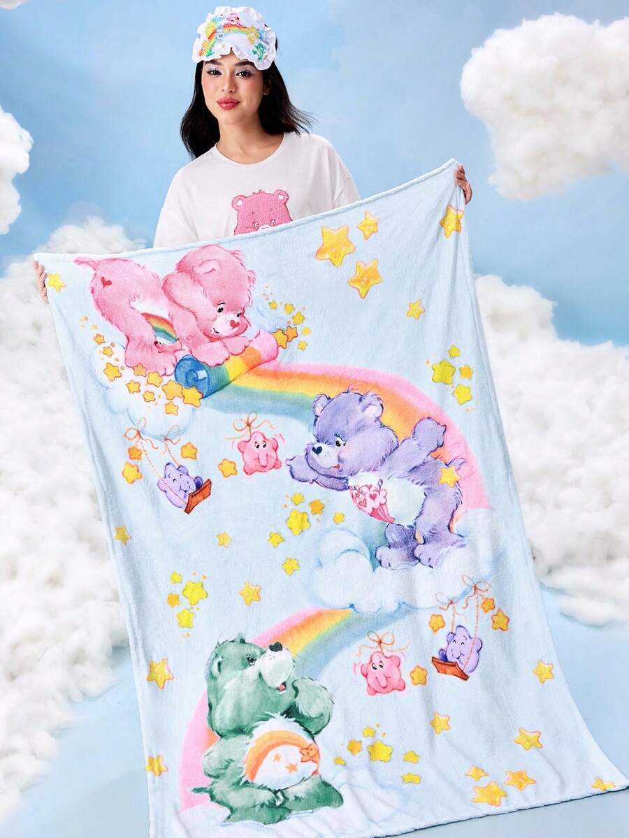 SHEIN X Care Bears 1pc Rainbow Bear Pattern Flannel Blanket, Purple/Pink/Green, Rainbow Cloud & Star Print, Thick Warm Bed/Sofa/Shawl Blanket - Baby Blue - View 1