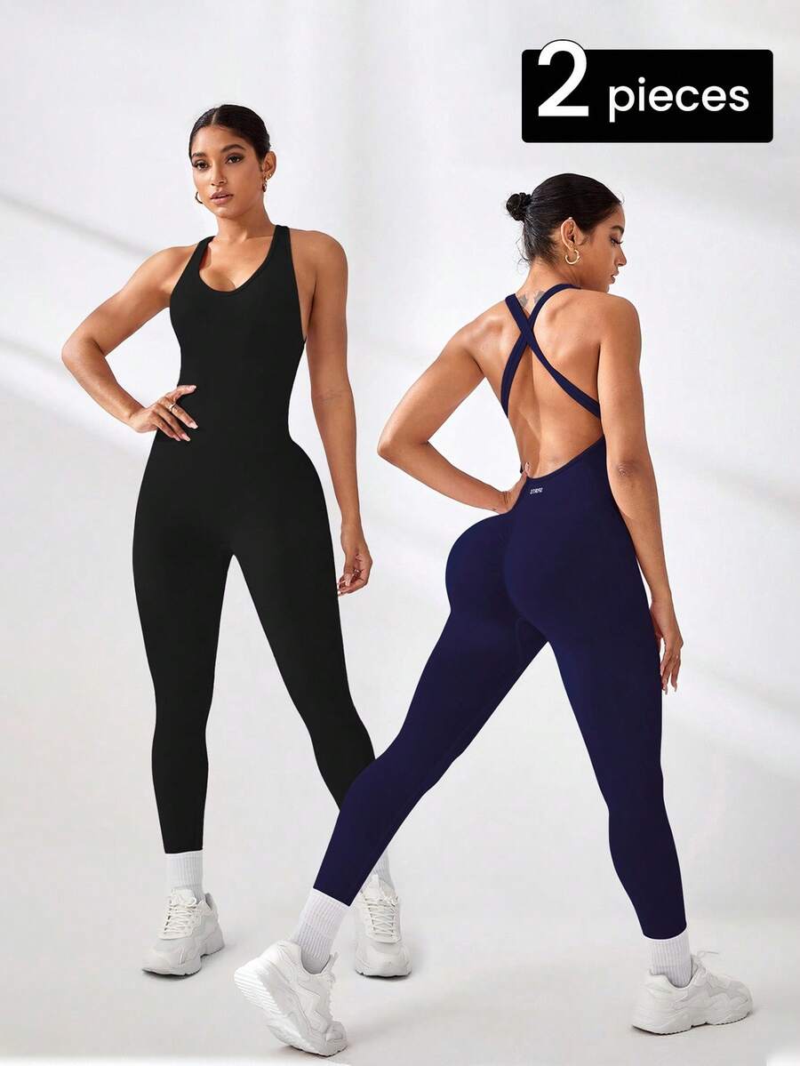 Easithlete Bộ 2 bộ đồ liền thân thể thao không tay màu trơn gợi cảm dành cho nữ - Nhiều màu - Xem 1