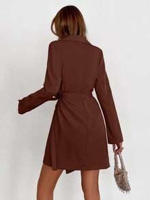 EURMUSE Robe longue à manches longues et à taille nouée de couleur unie, minimaliste. Convient pour le travail et les déplacements - Marron fonçé - Voir 2