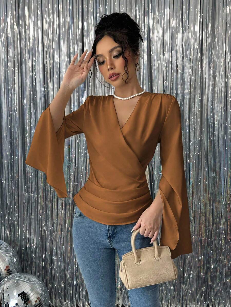 Chiquease Women's Plain Overlap V-Neck Flare Sleeve Casual Shirt - Brown - View 1