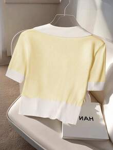 Franclia New Summer Soft Korean Style Casual & Office Versatile Polo Collar Knit Top For Women - Pale Yellow - View 2