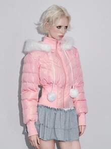 ROMWE Kawaii Áo khoác lông thú giả chắp vá ấm áp mùa đông dành cho nữ, có mũ trùm đầu và đệm - Hồng - Xem 3