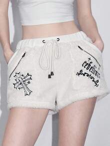 ROMWE Goth Y2K 哥特式十字绣毛绒女式短裤，万圣节 - 米色 - 查看 1