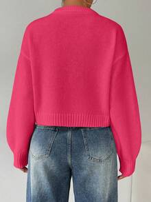 EMERY ROSE 女士纯色简约休闲圆领长袖白色毛衣 - 玫紅色 - 查看 3