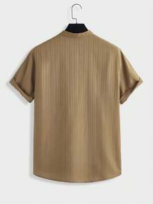 Manfinity Homme Men's Solid Color Short Sleeve Button Half Placket Pocket Casual Shirt - Khaki - View 2