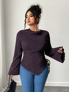 Elenzga Plus Size Casual Solid Color Asymmetric Hem Flare Sleeve T-Shirt Fall - Purple - View 4