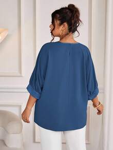 Cravure Plus Size Round Neck 3/4 Sleeve Metallic Fabric Patchwork Contrast Color Woven Fabric Cuff Raglan Sleeve Casual Outgoing Holiday Commute Party Pullover Shirt - Cadet Blue - View 2