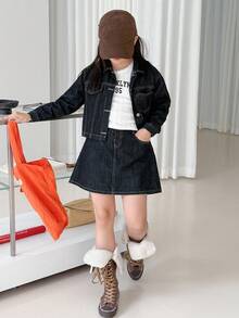 DAZY 2pcs Girls Denim Jacket + Denim Skirt Set, Tween Girl Fall Outfit