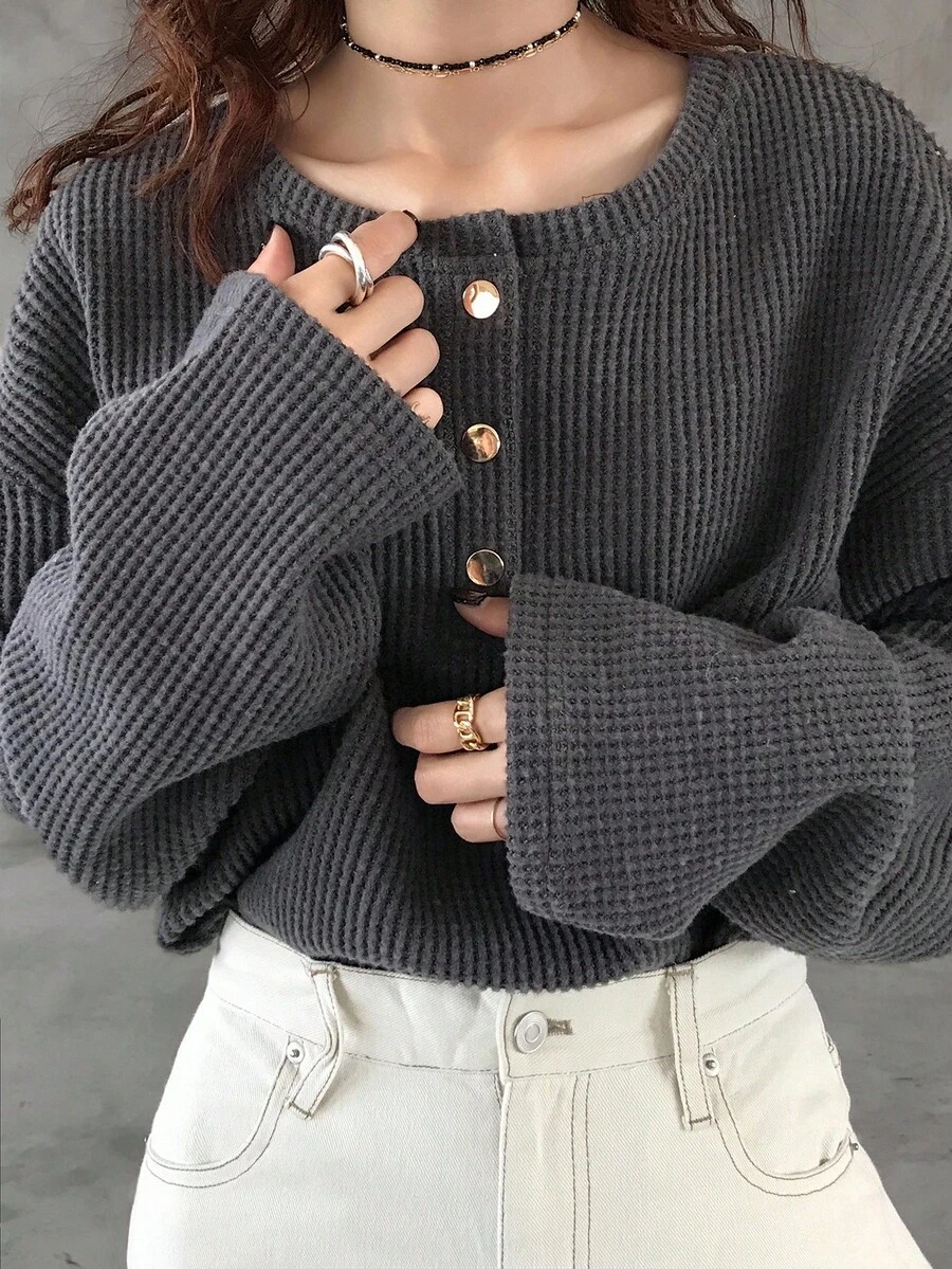 FRIFUL Kaos Wanita Polos Warna dengan Kancing Setengah Plaket, Bahu Jatuh, Lengan Panjang, Kasual, Longgar, Musim Gugur - Grey - View 1