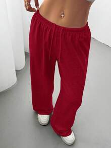 SHEIN EZwear Quần nỉ nữ cỡ lớn màu đỏ, cạp thấp, dây rút, ống đứng, dáng rộng, thoải mái, thích hợp cho lễ tốt nghiệp, tựu trường, lễ tốt nghiệp, giáo viên nữ. - Đỏ - Xem 6