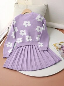 SHEIN 少女甜美百搭圆领蓝色毛衣搭配碎花百褶裙，适合居家、外出、派对、返校季等秋冬季穿着。 - 紫色 - 查看 2