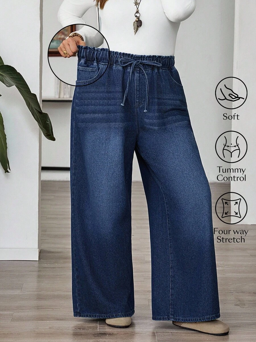 SHEIN CURVE+ Damen dunkelblau Herbst und Winter Jeans mit elastischem Bund und Taschen, lässig und weit geschnitten, Outfits für Damen, Halloween Kostüme, Landhausstil für Damen, schick für den Herbst