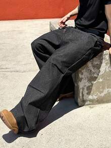 DAZY 秋季条纹可调节踝带宽松低腰男士牛仔裤 - 黑色 - 查看 5