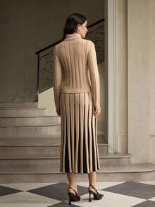 ZEYLAH 2 pièces Ensemble pull col montant ajusté et jupe pour femmes, Automne/Hiver - Nude - Voir 4