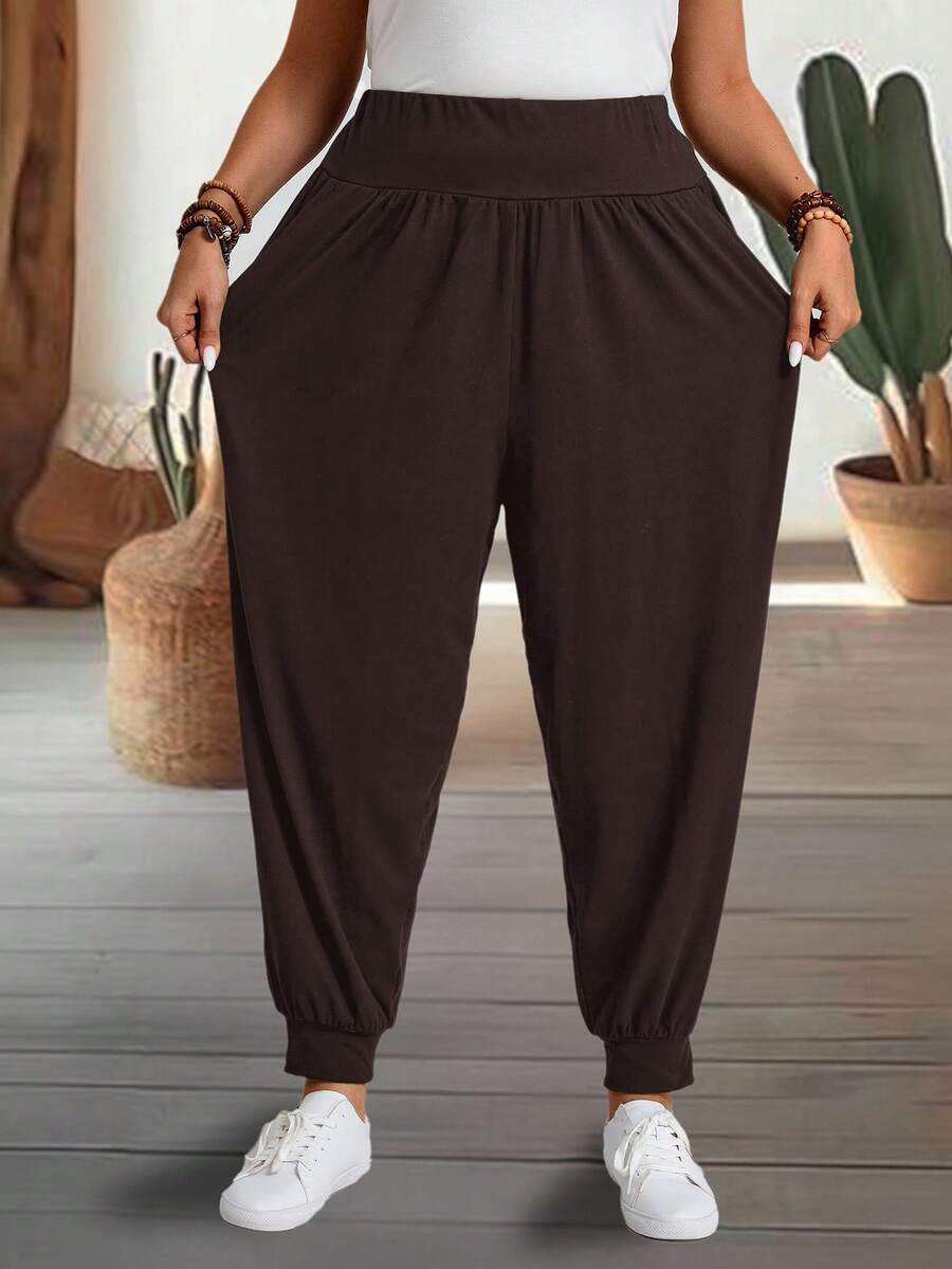 EMERY ROSE Pantalones informales de talla grande con cordón en unicolor - Marrón - Ver 1