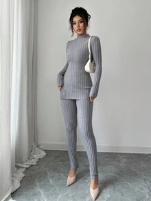 Elenzga Damen Herbst/Winter Lässig Rippstrick Pullover Zweiteiler, elegant & vielseitig, geeignet für Ausflüge, Dates, Arbeit, Schule und andere Anlässe