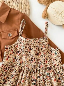 SHEIN Babygirl Ditsy Floral 休闲吊带背心裙和棕色夹克套装 - 彩色 - 查看 5