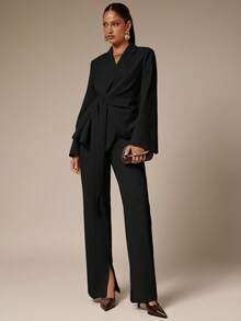 Silquee Fashionable Elegant Commuter Solid Color Tie-Wrap Blazer In Fall/Winter - Black - View 5