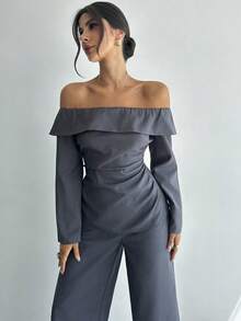 Firerie Novo conjunto feminino de blusa de manga comprida com ombros de fora e calças largas de chiffon floral azul-escuro, roupa sexy e elegante para o dia a dia/deslocamento, conjunto azul-escuro, primavera/verão, roupa de praia, deslocamento, elegante, sexy, traje de trabalho - Azul - Ver 7