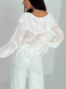 Aloruh 女士荷叶边领前系带喇叭袖宽松时尚衬衫返校季返校季返校季返校季女士返校节白色碎花浪漫荷叶边衬衫气质女神 - 白色 - 查看 3