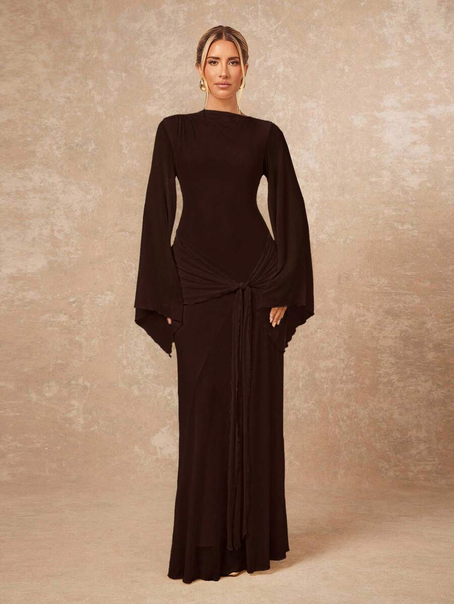 Lumalex Women's Loose Sheer Dress With Tie-Up Flowy Sleeves,Wedding Guest Dress Women - Coffee - View 1