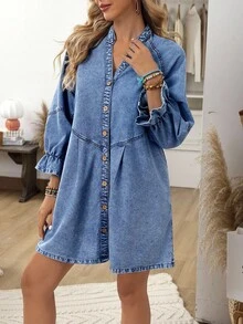 EMERY ROSE 大码休闲前扣牛仔连衣裙 - 藍色 - 查看 4