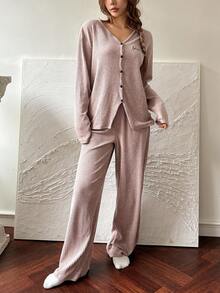 DAZY Comfortable Knit Fleece Fabric Simple English Embroidery Decor Long Sleeve Top & Pants Loungewear Set Fall, Winter Clothes , Cozy