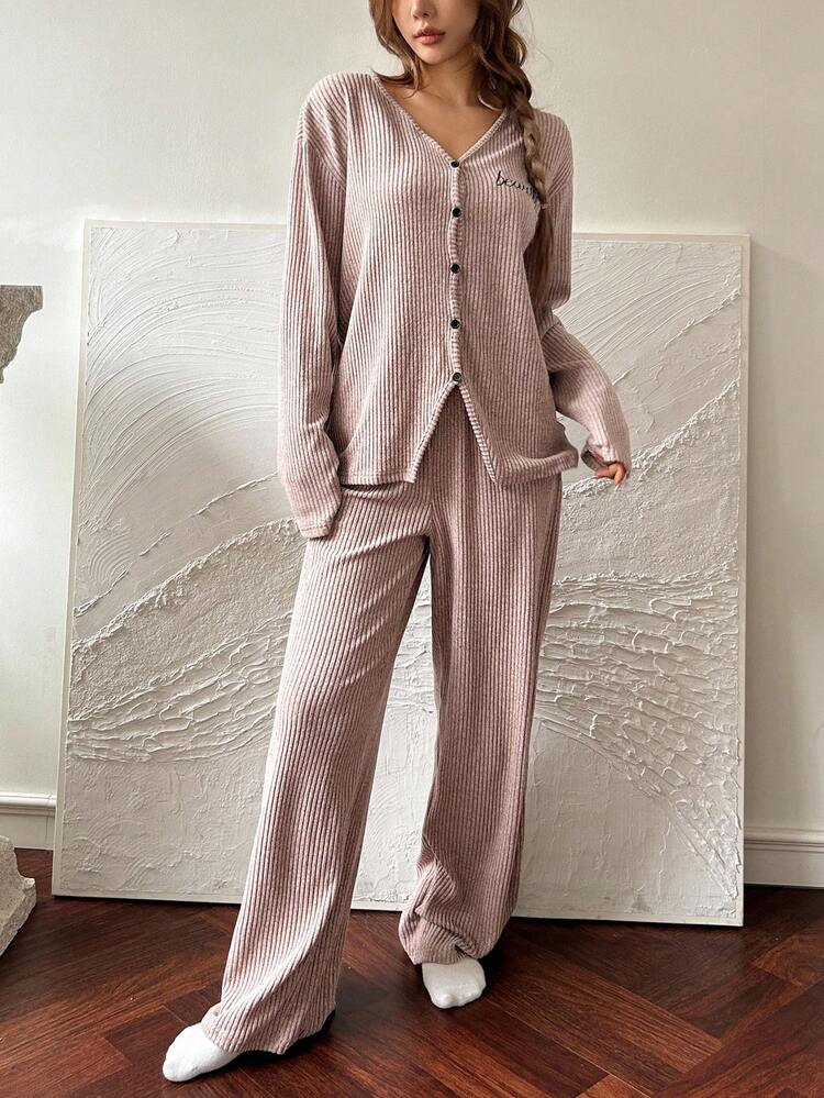 Comfortable Knit Fleece Fabric Simple English Embroidery Decor Long Sleeve Top & Pants Loungewear Set Fall, Winter Clothes , Cozy