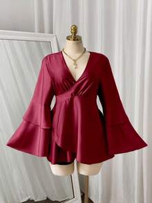 Sweetra 大码女式绿色缎面荷叶边袖休闲衬衫，新年必备。 - 紅色 - 查看 2