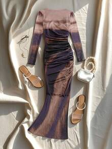 SHEIN PETITE 1 pieza Vestido de tela suave, elástica y de malla con estampado, juvenil para fiestas y vacaciones, vestido largo para mujer