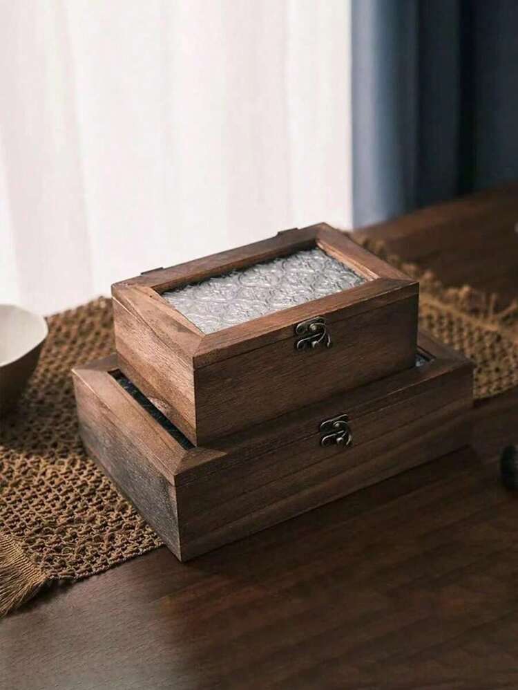 SHEIN 1個 レトロな木製デスクトップ収納ボックス、ジュエリー/化粧品オーガナイザー、北欧スタイルのデスククラッター収納ホルダー(ガラスパターンカッティング面は固定されていません)女性のための夏の収納オーガナイザーギフト - 木の色 - 見る 3