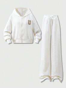 SHEIN Tween-Mädchen 2 Stücke/Set Lässig Apricot vielseitig strukturiertes geometrisches Muster Kapuzenjacke und Hose Set, geeignet für Reisen, Zuhause, Schule, Alltag, Herbst/Winter, Chicen Herbst, Halloween, Weihnachten - Gelb - Übersicht 1