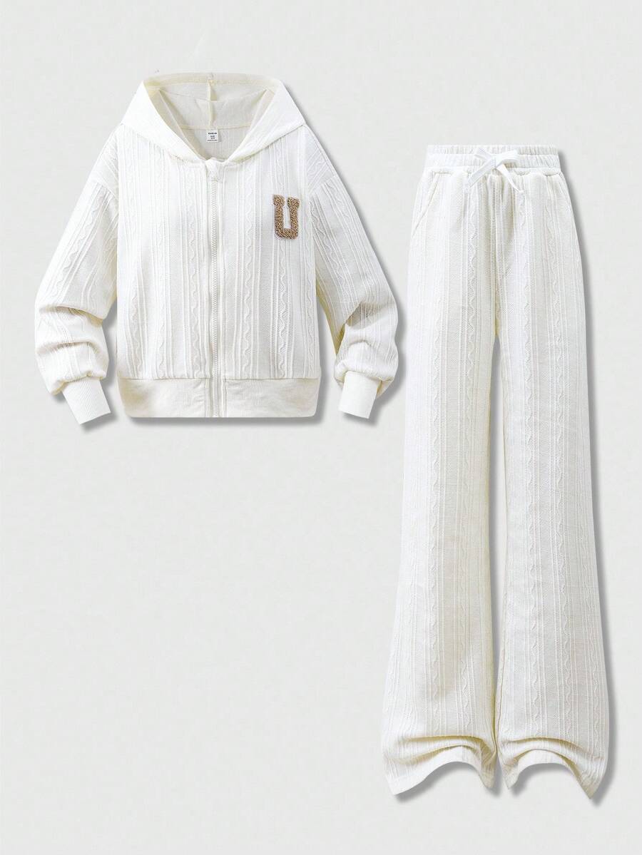 SHEIN Tween-Mädchen 2 Stücke/Set Lässig Apricot vielseitig strukturiertes geometrisches Muster Kapuzenjacke und Hose Set, geeignet für Reisen, Zuhause, Schule, Alltag, Herbst/Winter, Chicen Herbst, Halloween, Weihnachten - Gelb - Übersicht 1