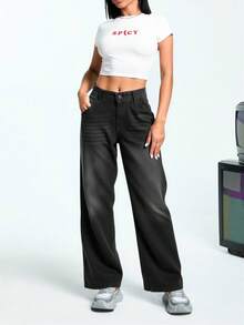 EURMUSE 低腰宽松直筒牛仔裤 - 深灰色 - 查看 3