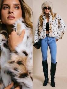 Poéselle Women's Fashionable Leopard Print Faux Fur Coat, Autumn/Winter, Fur Jacket, Leopard Print Coat, Animal Print Coat, Faux Fur Jacket, Snow Leopard Coat - Black and White - View 1