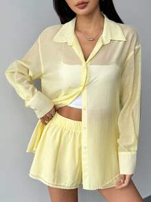 Flirla 女士新款休闲日常装两件套，百搭长袖纽扣衬衫和松紧腰宽松短裤 - 黃色 - 查看 5