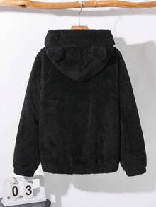 SHEIN 男童休闲日常舒适抓绒贴花卫衣，宽松套头衫，适合生日派对、晚宴、演出、婚礼、洗礼、开幕式等场合，日常穿着舒适，适合上学、旅行、运动，适合秋冬季节。带耳朵装饰，可爱秋季款。 - 黑色 - 查看 3