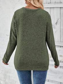 EMERY ROSE Plus Size Women Casual Long Sleeve Round Neck Button Hem T-Shirt - Army Green - View 2