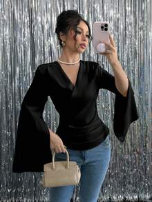 Chiquease Women Elegant Solid Color V-Neck Split Cuff Long Sleeve Wrap Blouse Fall Cloth For Women - Black - View 3
