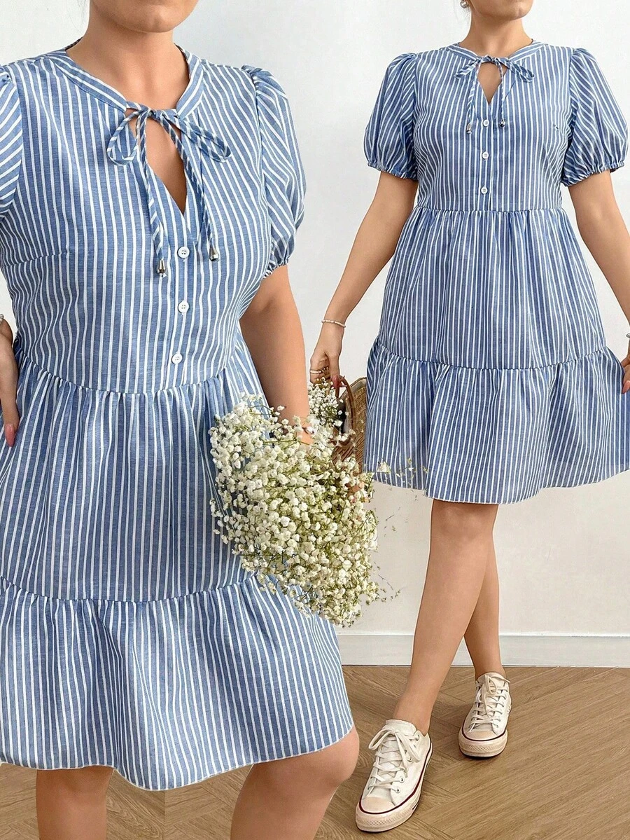 Flirla Plus Size Striped Mini V-Neck Drawstring Patchwork Short Sleeve Shift Dress - Blue - View 1