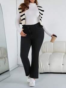 SHEIN CURVE+ Women Plus Black Autumn And Winter High Elastic Thermal Lined Asymmetrical Waist Flared Jeans,Smart Casual Everyday Chic Halloween Costumes Style - Black - View 5