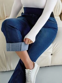 SHEIN CURVE+ Women Plus Retro Dark Blue Autumn And Winter High-Elastic Flared Jeans,All,Halloween Costumes, Country Style For Women, Chic Autumn - Dark Wash - View 7