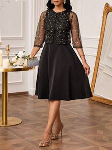 SHEIN Lady Women's Metallic Star Mesh 3/4 Sleeve Top And Sleeveless Dress Elegant 2 Pieces Set