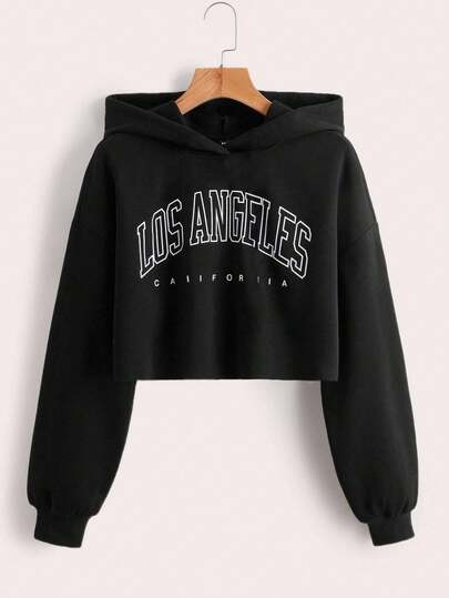 SHEIN Sudadera corta negra para niñas preadolescentes, con estampado de letras LOSANGELES simple, versátil para uso casual, vuelta al colegio, ceremonias, diario, escuela, viajes, deportes, otoño/invierno