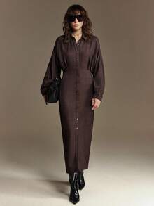 Ontre 2026SS Women's Elegant Minimalist Design Party Waist Pleated Long Sleeve Dark Coffee Chic Urban Casual Versatile Valentine's Day Dress, Loose Fit, Lapel Collar, Waist Cinched, Pleated, Casual Commuter Korean Style, Bat Wing Long Sleeve Single-Breasted Shirt Dress - Coffee - View 3