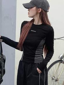 DAZY Áo thun họa tiết chữ Colorblock, quần áo thu dài tay cho nữ - màu đen - Xem 3